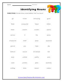 Identifying Nouns Worksheet