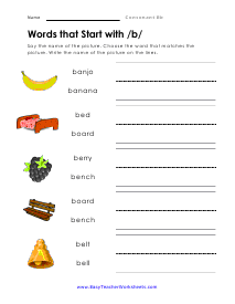 Words beginning with B worksheet