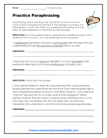 paraphrasing sentences worksheet