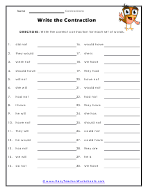 Contraction Worksheets