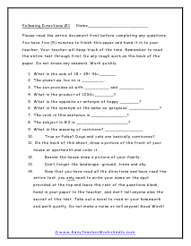 Following Directions Worksheets