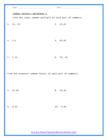 Least Common Multiple and Greatest Common Factor Worksheets
